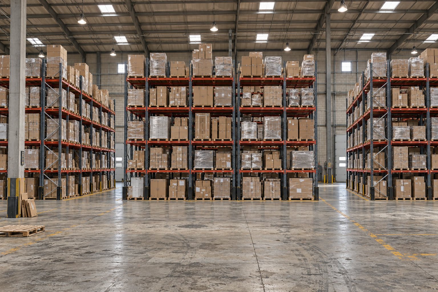 Pasillo de racks industriales con tarimas de mercancía en un centro de distribución
