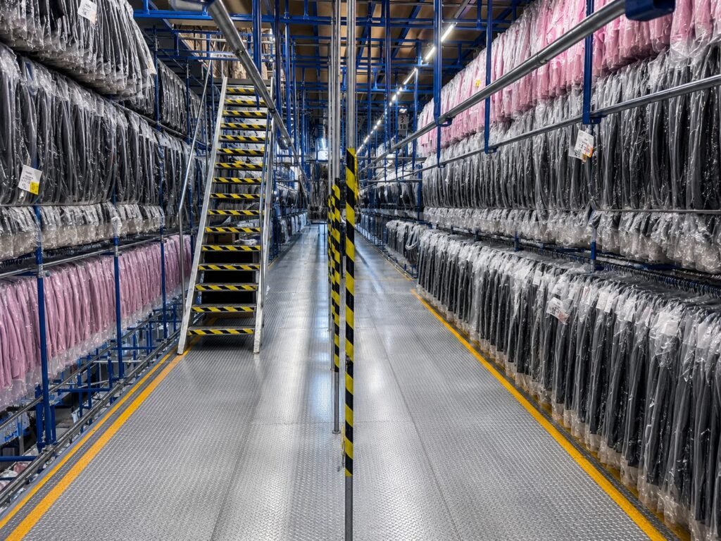 Sistema tubular de varios niveles con prenda colgada y escalera de acceso